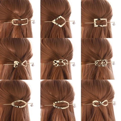 Modern Geometric Metal Hair Stick Set For Women Korean Style Alloy Hair Fork Gold Silver Plated With Artificial Pearl Decor