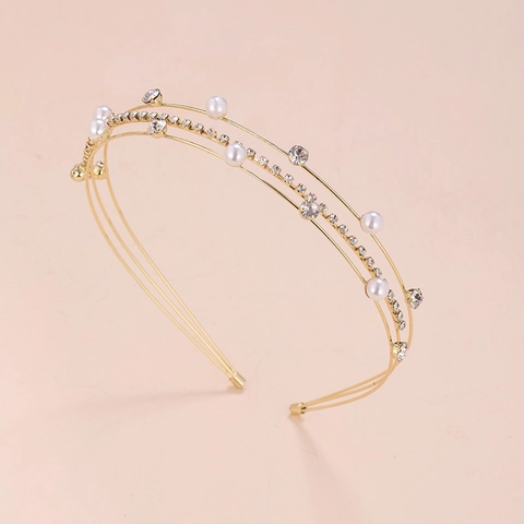 Elegant Triple Layer Metal Headband With Artificial Pearls Rhinestones Gold Silver Rose Gold Wave Hair Hoop Wedding Party Women Hair Accessory