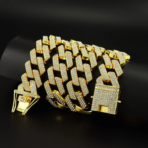 Collana Bracciale a Maglia Cubana Iced Out Hip Hop Lega Strass Pave Girocollo Largo per Uomo Donna Gioielli alla Moda Accessorio