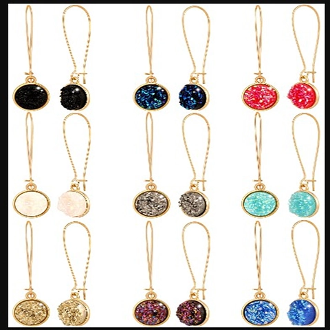 Vintage Round Resin Druzy Drop Earrings For Women Gold Plated Hook Faux Crystal Dangle Earrings Jewelry For Everyday Fashion