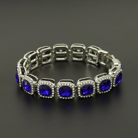 Hip Hop Alloy Inlaid Dark Blue Square Rhinestone Bracelet For Men Women Silver Punk Iced Out Chain Bracelet Jewelry Gift
