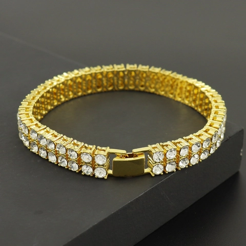 Hip Hop Double Row Rhinestone Tennis Bracelet Alloy Metal Inlaid Clear Stone Jewelry For Unisex Party Daily Wear