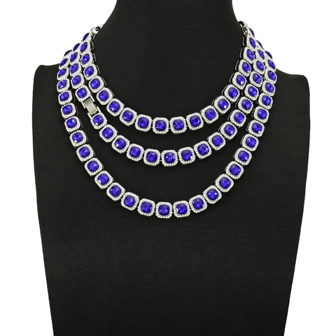Hip Hop Iced Out Blue Square Rhinestone Cuban Chain Necklace For Men Women Alloy Silver Plated Luxury Clavicle Chain Jewelry