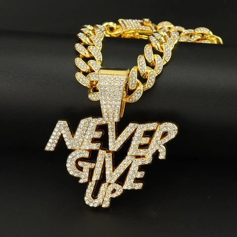 Collar con Colgante de Letra Hip Hop Never Give Up Oro Plata Aleación Diamante de Imitación Iced Out Cadena Cubana Joyería Hombre Mujer