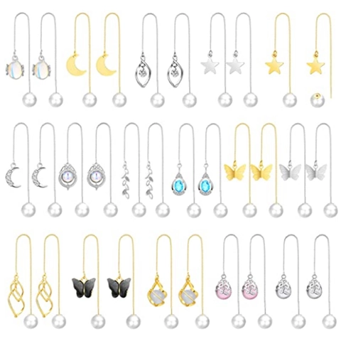 Elegant Alloy Long Threader Earrings For Women Artificial Pearl Rhinestone Moon Star Butterfly Leaf Pendant Drop Earrings Fashion Jewelry Gift