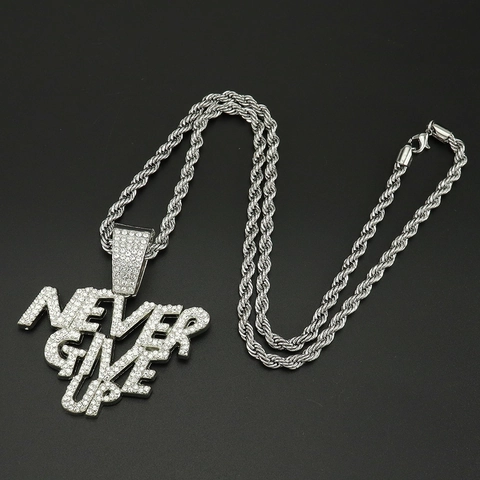 Collar con Colgante de Letra Hip Hop Never Give Up Oro Plata Aleación Diamante de Imitación Iced Out Cadena Cubana Joyería Hombre Mujer