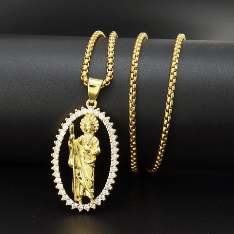 Hip Hop Saint Jude Hanger Ketting Goud Koper Ovaal Religieuze Figuur Medaillon Met Zirconia Roestvrij Stalen Box Ketting