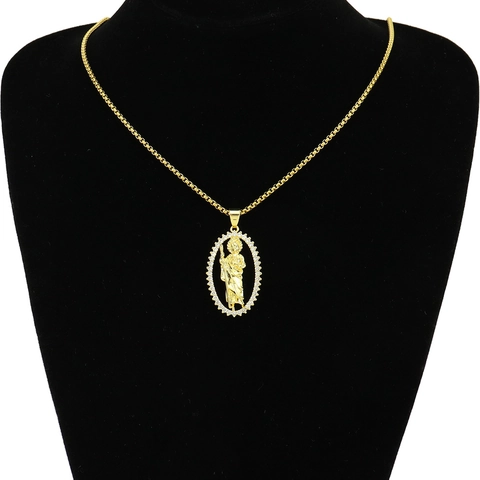 Hip Hop Saint Jude Hanger Ketting Goud Koper Ovaal Religieuze Figuur Medaillon Met Zirconia Roestvrij Stalen Box Ketting