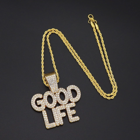 Collana con Ciondolo a Lettera GOOD LIFE Iced Out Hip Hop per Uomo Donna Gioielli in Lega Placcata Oro con Strass Catena Cuban