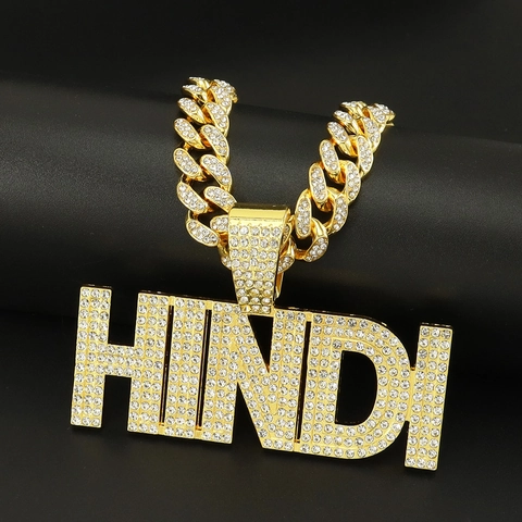 Collana con Pendente a Lettera HINDI Hip Hop di Lusso in Lega con Strass Maglia Cubana per Uomo Donna Gioielli da Party Streetwear