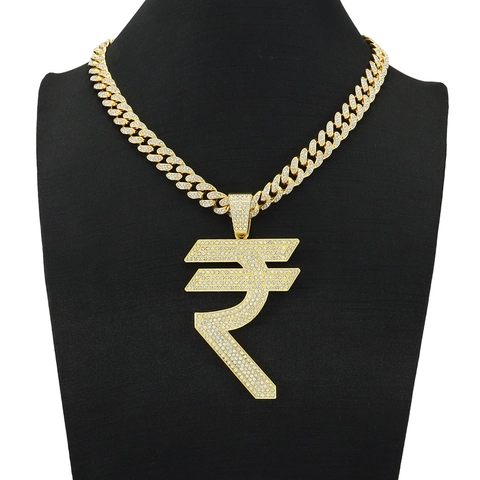 Collana con Pendente Simbolo della Rupia Hip Hop Iced Out Lussuoso Fascino Segno di Valuta in Strass per Uomo Donna Gioielli Moda Strada