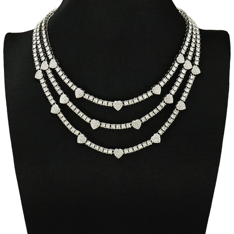 Collar de Cadena de Tenis Hip Hop de Aleación en Tono Plateado con Colgante de Corazón de Strass para Hombre Mujer Joyería Street Style