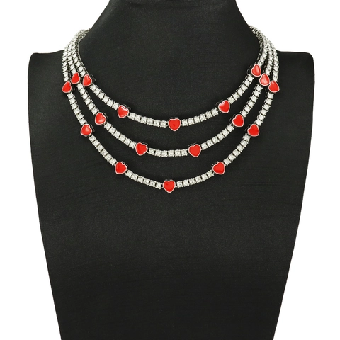 Collar de Cadena de Tenis Color Plata Estilo Ins Con Corazón de Aceite de Goteo Rojo Aleación Strass Joyería Hip Hop Unisex