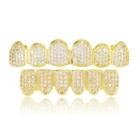 Ensemble de Grillz de Dents Hip Hop Iced Out en Zirconia Micro-Pavé en Cuivre pour Hommes Femmes Bijoux de Corps de Fête
