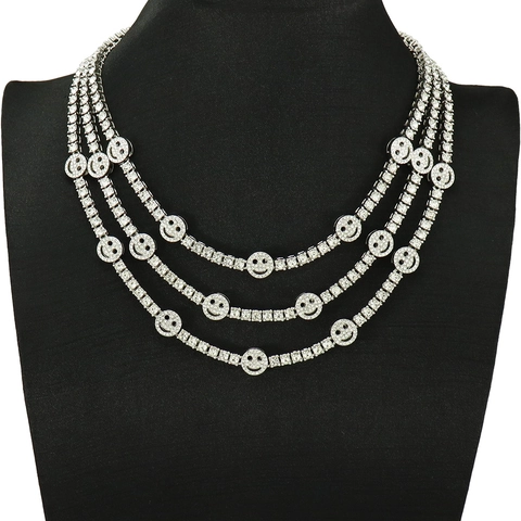 Hip Hop Iced Out Tennis Chain Necklace With Smiley Face Alloy Rhinestone Pendant For Men Women Streetwear Jewelry