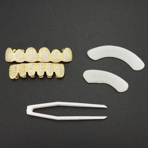 Ensemble de Grillz de Dents Hip Hop Iced Out en Zirconia Micro-Pavé en Cuivre pour Hommes Femmes Bijoux de Corps de Fête