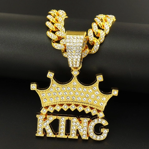 Iced Out Kroon King Letter Hanger Ketting Legering Strass Hip Hop Cubaanse Ketting Gedraaide Ketting Voor Heren Dames Streetwear Mode Sieraden Goud Zilver Accessoire