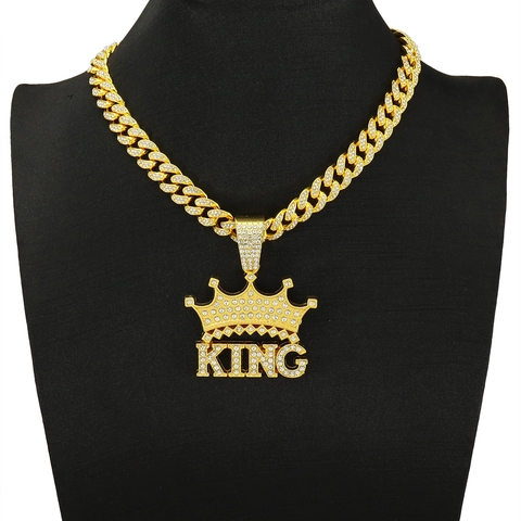 Iced Out Kroon King Letter Hanger Ketting Legering Strass Hip Hop Cubaanse Ketting Gedraaide Ketting Voor Heren Dames Streetwear Mode Sieraden Goud Zilver Accessoire