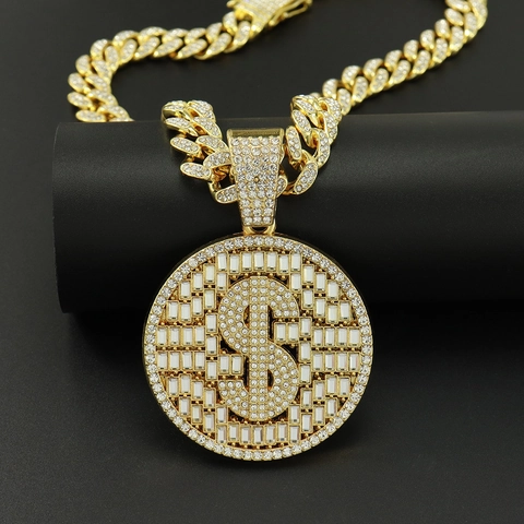Collana con Ciondolo Segno del Dollaro Hip Hop Iced Out Strass Intarsiato Lega di Zinco Catena Cubana Oro Argento Uomo