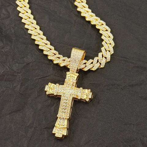 Collana con Pendente a Croce Hip Hop Iced Out Oro Argento Lega Strass Maglia Cubana Catena a Fune Gioielli Uomo Donna