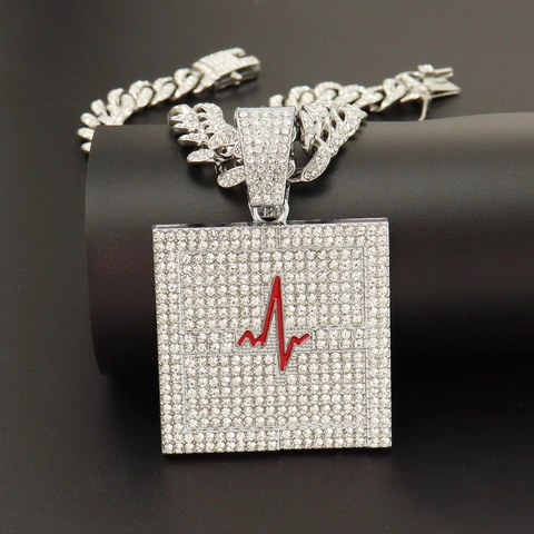 Iced Out Herzschlag EKG Quadrat Anhänger Halskette Legierung Strass Panzerkette Kordelkette Hiphop Mode Schmuck Unisex Accessoire