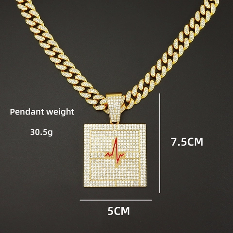 Iced Out Herzschlag EKG Quadrat Anhänger Halskette Legierung Strass Panzerkette Kordelkette Hiphop Mode Schmuck Unisex Accessoire
