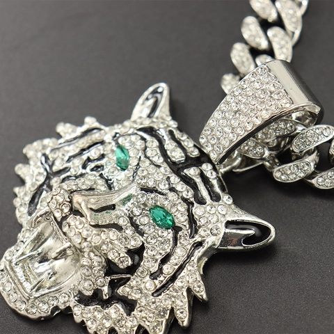 Hip Hop 3D Tiger Head Pendant Necklace For Men Women Gold Silver Plated Alloy Full Rhinestone Inlaid Cuban Chain Jewelry Gift