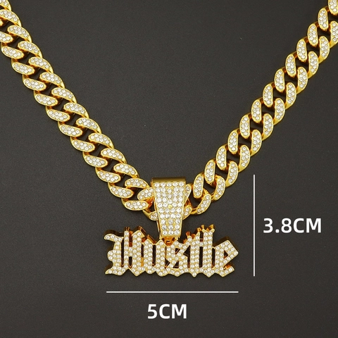 Collana con Ciondolo Hustle in Lega e Strass Iced Out Catena Cubana a Corda Hip Hop Streetwear Gioielli Unisex alla Moda