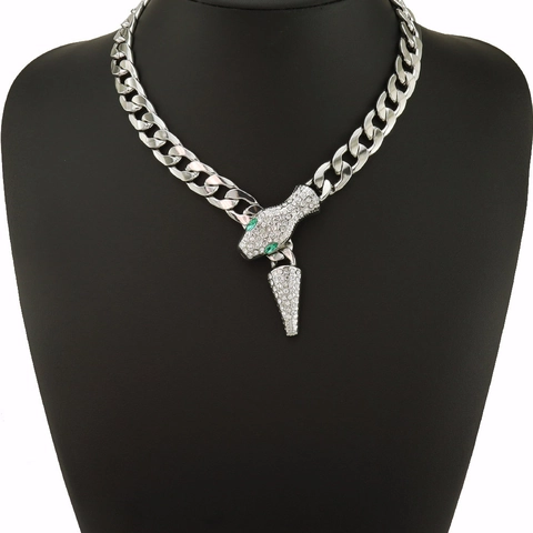 Luxury Alloy Rhinestone Green Eye Snake Head Cuban Link Necklace Bracelet Hip Hop Punk Jewelry For Men Women Gold Silver