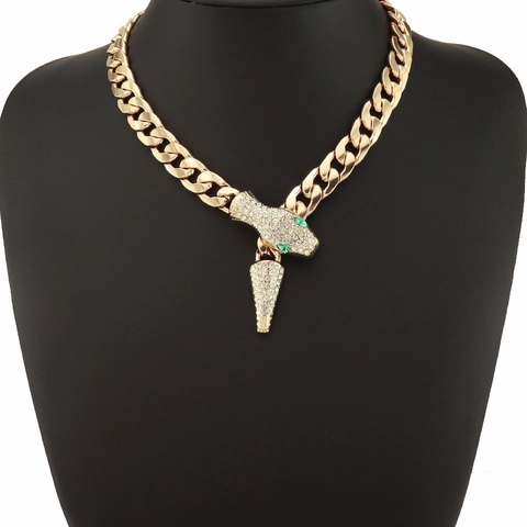 Luxury Alloy Rhinestone Green Eye Snake Head Cuban Link Necklace Bracelet Hip Hop Punk Jewelry For Men Women Gold Silver