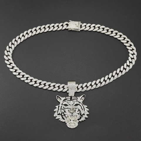 Hip Hop Tiger Head Pendant Necklace Alloy Rhinestone Cuban Link Chain Jewelry For Men Women Gold Silver Animal Necklaces