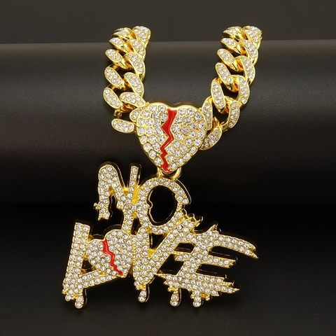 Collier Hip Hop Iced Out Pendentif Lettre NO LOVE Cœur Brisé Alliage Strass Mailles Cubaines Pour Hommes Femmes Streetwear