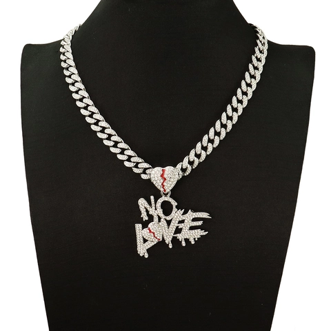 Collier Hip Hop Iced Out Pendentif Lettre NO LOVE Cœur Brisé Alliage Strass Mailles Cubaines Pour Hommes Femmes Streetwear