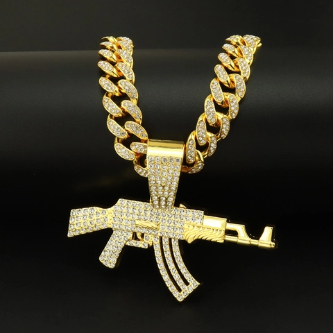 Collier avec Pendentif Fusil AK-47 Iced Out pour Homme Hip Hop Pendentif en Alliage Strass avec Grosse Chaîne Cubaine Bijoux Punk
