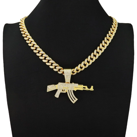 Collier avec Pendentif Fusil AK-47 Iced Out pour Homme Hip Hop Pendentif en Alliage Strass avec Grosse Chaîne Cubaine Bijoux Punk