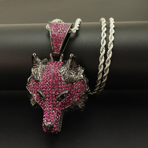 Collana con Pendente a Testa di Lupo con Strass Hip Hop per Uomo Catena a Corda in Acciaio Inossidabile Gioielli Iced Out Oro Argento Nero