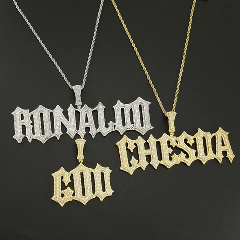 Collier Pendentif Lettre Gothique Hip Hop Zirconia Iced Out Pendentif Alphabet en Cuivre Chaîne de Corde en Acier Inoxydable Bijoux