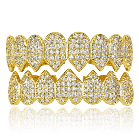 Ensemble de Grillz à Dents en Cuivre et Zirconia Hip Hop pour Hommes Femmes Halloween Cosplay Décoratif Iced Out Bijoux