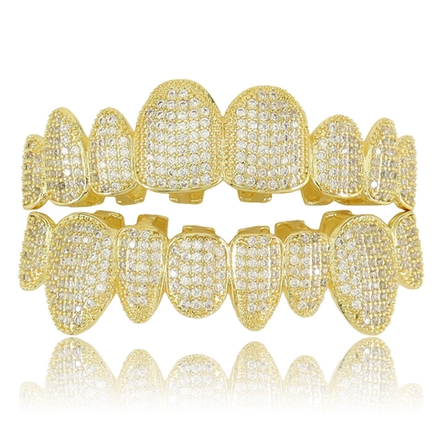 Hip Hop Grillz Set Kupfer Pave Zirkonia Iced Out Zähne Grillz Gold Silber Oben Unten Zähne Grillz Für Halloween Party