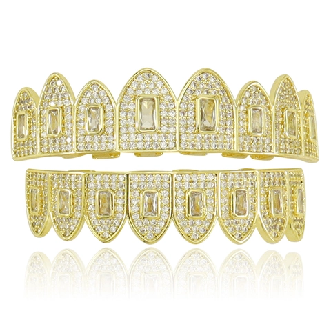 Iced Out Hip Hop Grillz Set Copper Zirconia Gold Silver Teeth Grills For Halloween Party Costume Prop Jewelry