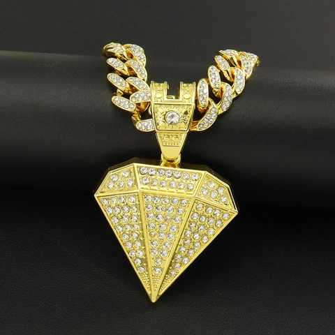 Collana con Ciondolo a Piramide Iced Out Hip Hop Unisex in Lega con Strass Catena a Maglia Cubana Placcata Oro Argento