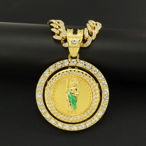 Hip Hop Iced Out Rotating St Jude Pendant Necklace For Men Women Alloy Rhinestone Enamel Religious Saint Jude Thaddeus Cuban Link Chain Jewelry