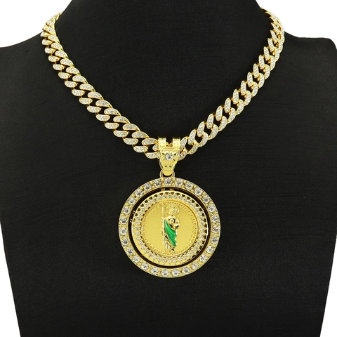 Hip Hop Iced Out Rotating St Jude Pendant Necklace For Men Women Alloy Rhinestone Enamel Religious Saint Jude Thaddeus Cuban Link Chain Jewelry