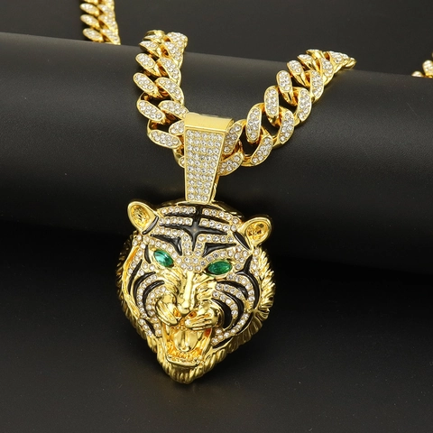 Hip Hop Tiger Head Pendant Necklace Iced Out Alloy Rhinestone Animal Green Eye Jewelry For Men Women Daily Party Gift