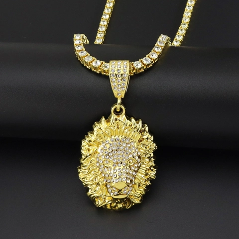 Hip Hop Iced Out 3D Löwenkopf Anhänger Halskette Mit Tennis Kette Legierung Weiß Strass Bling Streetwear Party Schmuck Für Damen Herren