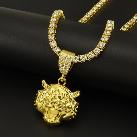 Collana Con Ciondolo a Testa di Tigre in Lega Iced Out Strass Gioielli Hip Hop Per Uomo Donna Ciondolo Animale Oro Argento E Catena Tennis Zirconia
