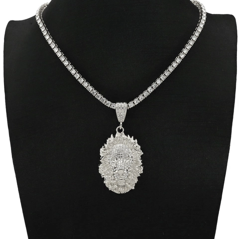 Hip Hop Iced Out 3D Löwenkopf Anhänger Halskette Mit Tennis Kette Legierung Weiß Strass Bling Streetwear Party Schmuck Für Damen Herren