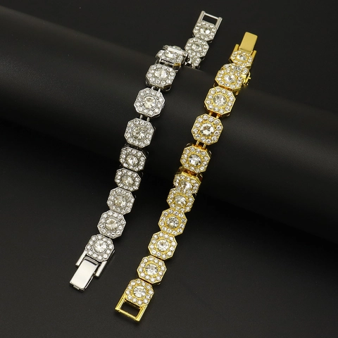 Hip Hop Iced Out Alloy Rhinestone Bracelet Geometric Octagon Link Chain Bracelet For Men Women Fashion Jewelry Gift