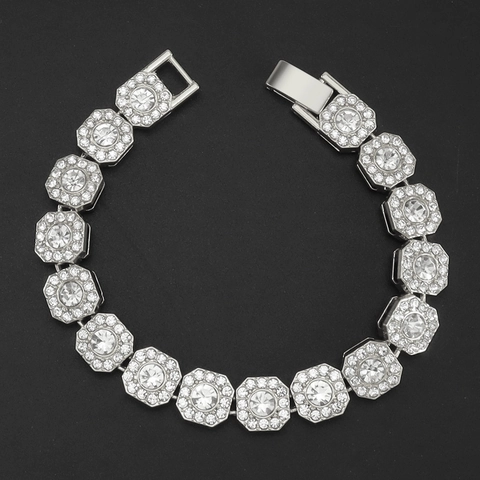 Hip Hop Iced Out Alloy Rhinestone Bracelet Geometric Octagon Link Chain Bracelet For Men Women Fashion Jewelry Gift