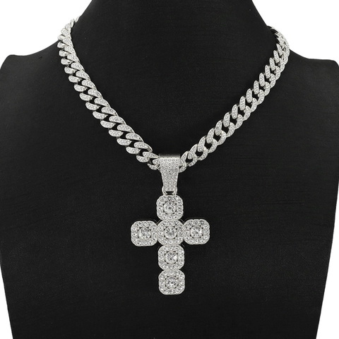 Collana con Ciondolo a Croce Hip Hop Iced Out per Uomo Donna Lega Placcata Oro Argento Strass Catena Cubana Gioielli